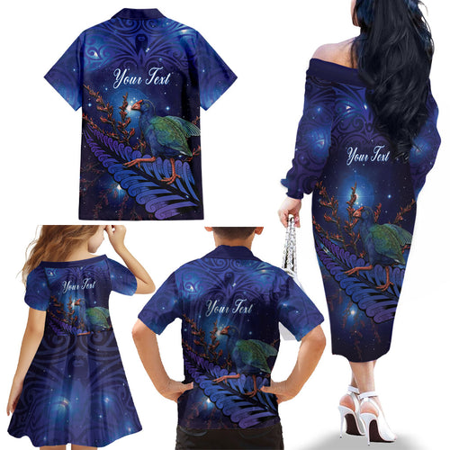 Takahe New Zealand Personalised Family Matching Off The Shoulder Long Sleeve Dress and Hawaiian Shirt Harakeke Silver Fern Maori Pattern