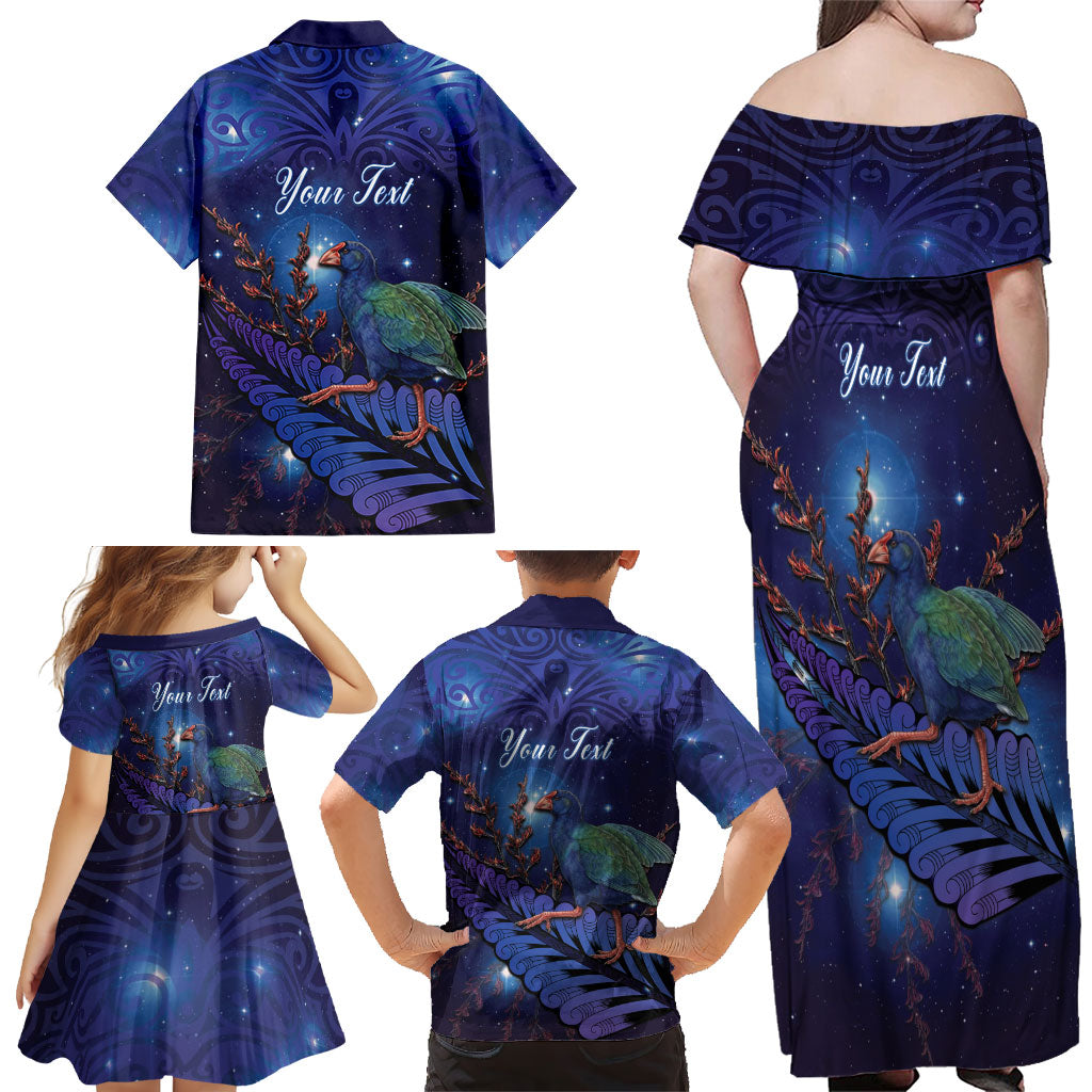 Takahe New Zealand Personalised Family Matching Off Shoulder Maxi Dress and Hawaiian Shirt Harakeke Silver Fern Maori Pattern