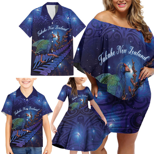 Takahe New Zealand Personalised Family Matching Off Shoulder Short Dress and Hawaiian Shirt Harakeke Silver Fern Maori Pattern