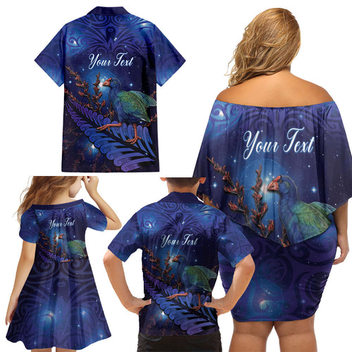 Takahe New Zealand Personalised Family Matching Off Shoulder Short Dress and Hawaiian Shirt Harakeke Silver Fern Maori Pattern