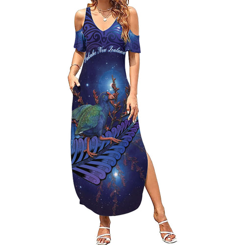 Takahe New Zealand Personalised Family Matching Summer Maxi Dress and Hawaiian Shirt Harakeke Silver Fern Maori Pattern
