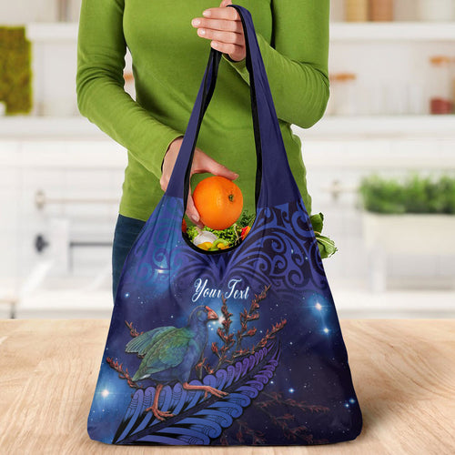 Takahe New Zealand Personalised Grocery Bag Harakeke Silver Fern Maori Pattern