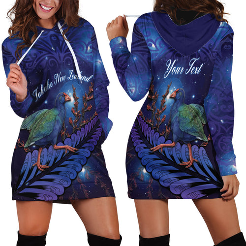 Takahe New Zealand Personalised Hoodie Dress Harakeke Silver Fern Maori Pattern