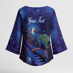 Takahe New Zealand Personalised Kimono Sleeve Blouse Harakeke Silver Fern Maori Pattern