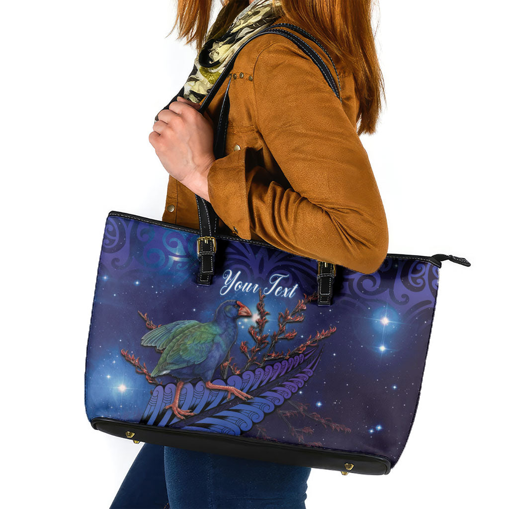 Takahe New Zealand Personalised Leather Tote Bag Harakeke Silver Fern Maori Pattern