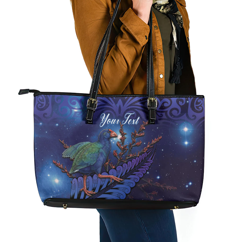 Takahe New Zealand Personalised Leather Tote Bag Harakeke Silver Fern Maori Pattern