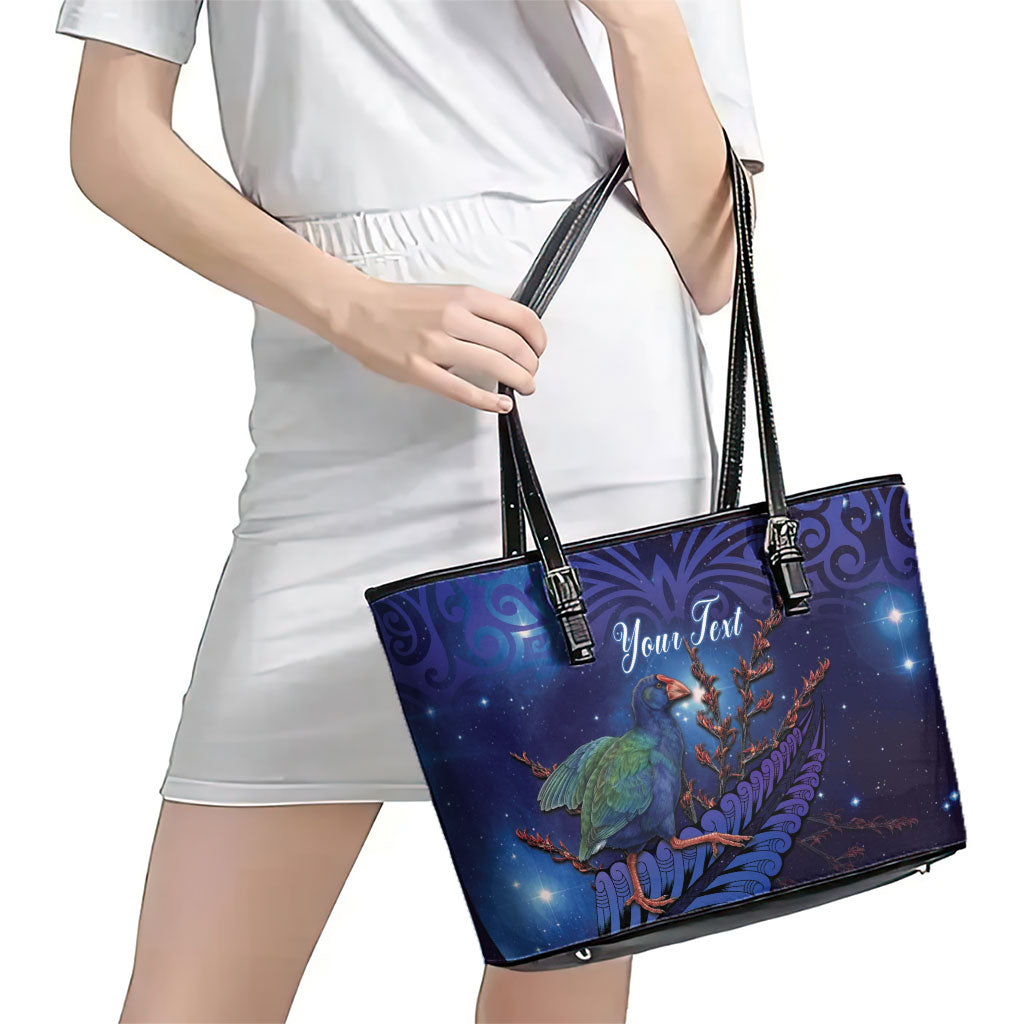Takahe New Zealand Personalised Leather Tote Bag Harakeke Silver Fern Maori Pattern