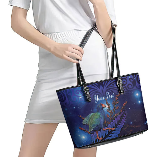 Takahe New Zealand Personalised Leather Tote Bag Harakeke Silver Fern Maori Pattern