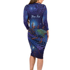 Takahe New Zealand Personalised Long Sleeve Bodycon Dress Harakeke Silver Fern Maori Pattern