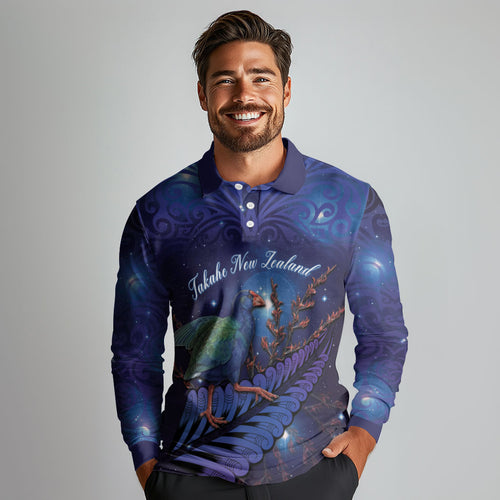 Takahe New Zealand Personalised Long Sleeve Polo Shirt Harakeke Silver Fern Maori Pattern