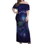 Takahe New Zealand Personalised Off Shoulder Maxi Dress Harakeke Silver Fern Maori Pattern