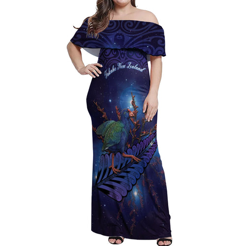 Takahe New Zealand Personalised Off Shoulder Maxi Dress Harakeke Silver Fern Maori Pattern