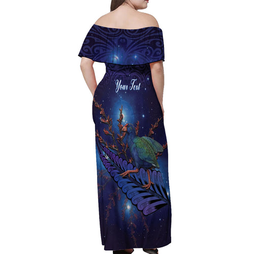 Takahe New Zealand Personalised Off Shoulder Maxi Dress Harakeke Silver Fern Maori Pattern