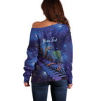 Takahe New Zealand Personalised Off Shoulder Sweater Harakeke Silver Fern Maori Pattern