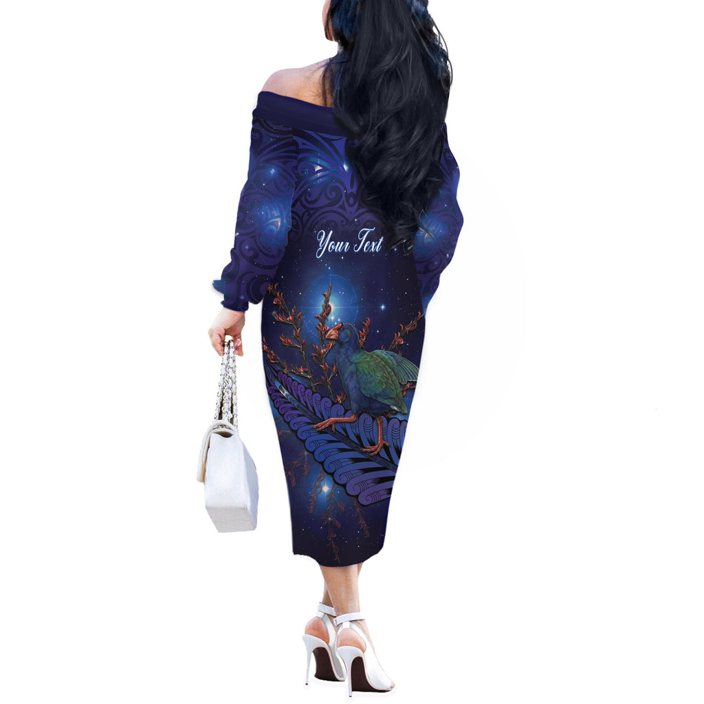 Takahe New Zealand Personalised Off The Shoulder Long Sleeve Dress Harakeke Silver Fern Maori Pattern