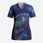 Takahe New Zealand Personalised Scrub Top Harakeke Silver Fern Maori Pattern
