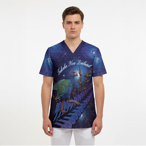 Takahe New Zealand Personalised Scrub Top Harakeke Silver Fern Maori Pattern