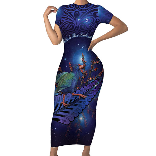 Takahe New Zealand Personalised Short Sleeve Bodycon Dress Harakeke Silver Fern Maori Pattern