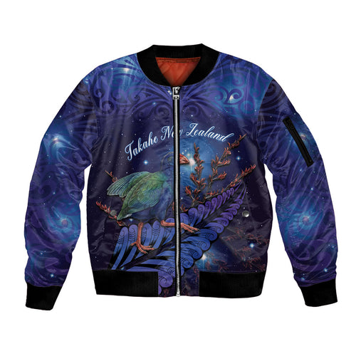 Takahe New Zealand Personalised Sleeve Zip Bomber Jacket Harakeke Silver Fern Maori Pattern