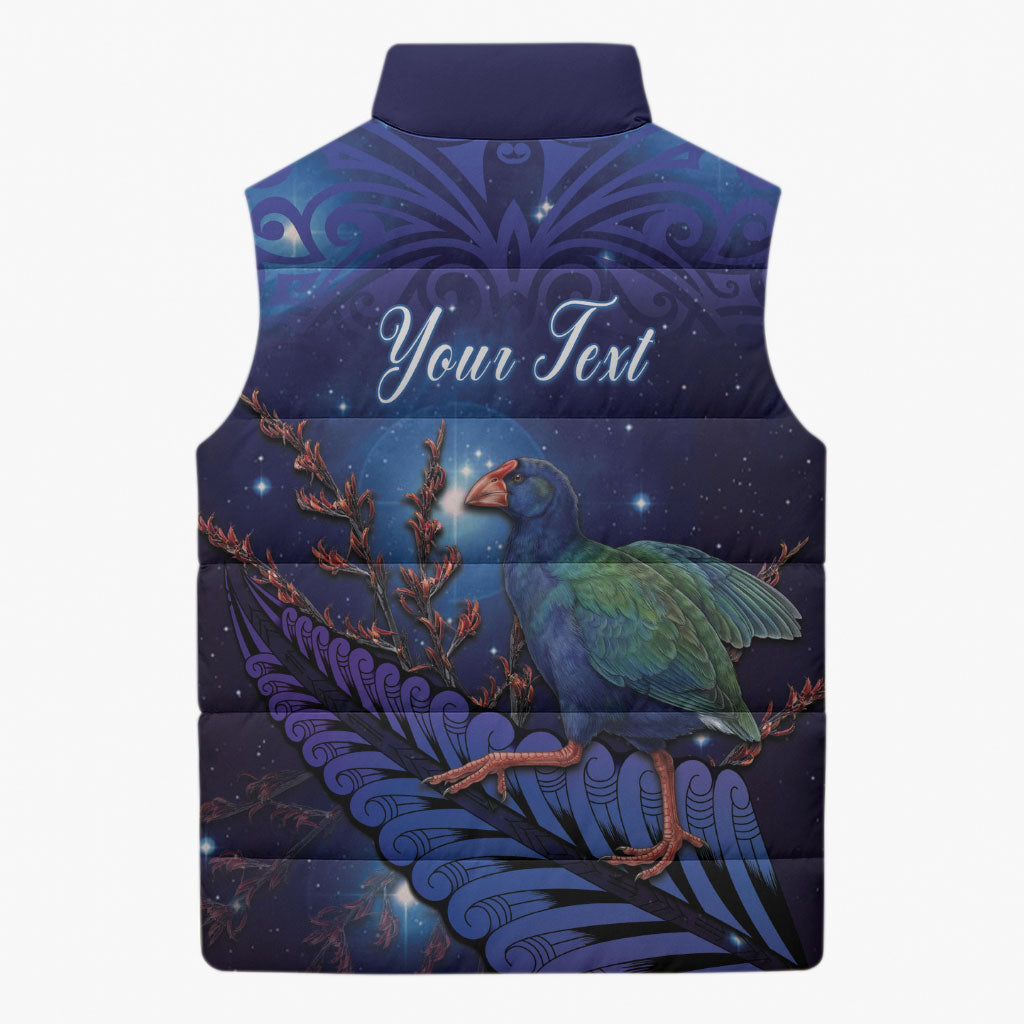 Takahe New Zealand Personalised Sleeveless Puffer Jacket Harakeke Silver Fern Maori Pattern
