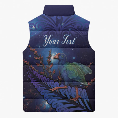 Takahe New Zealand Personalised Sleeveless Puffer Jacket Harakeke Silver Fern Maori Pattern