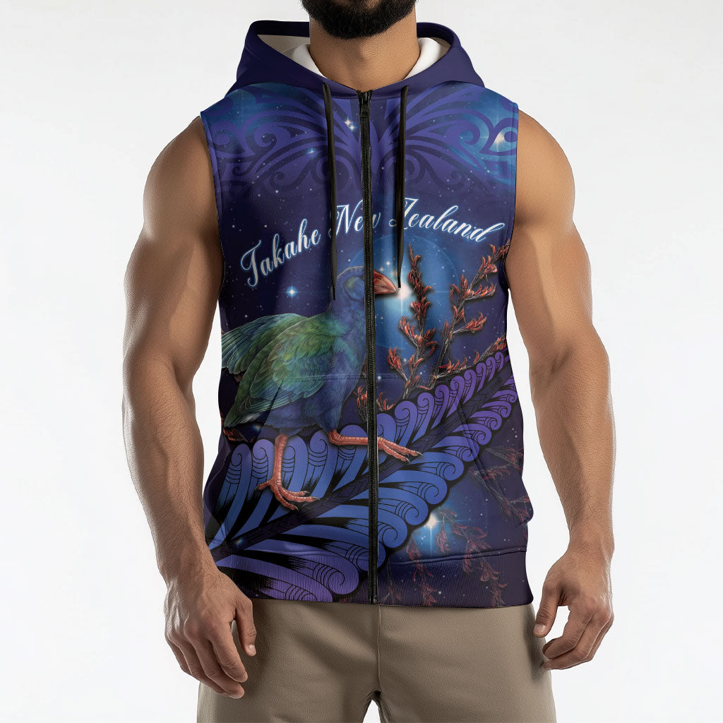 Takahe New Zealand Personalised Sleeveless Zip Hoodie Harakeke Silver Fern Maori Pattern
