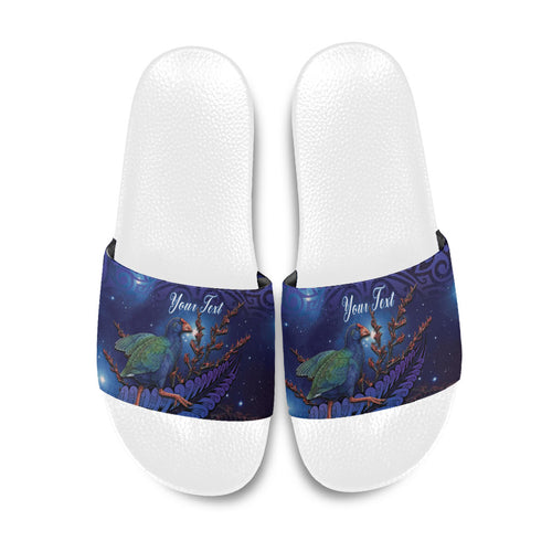 Takahe New Zealand Personalised Slide Sandals Harakeke Silver Fern Maori Pattern