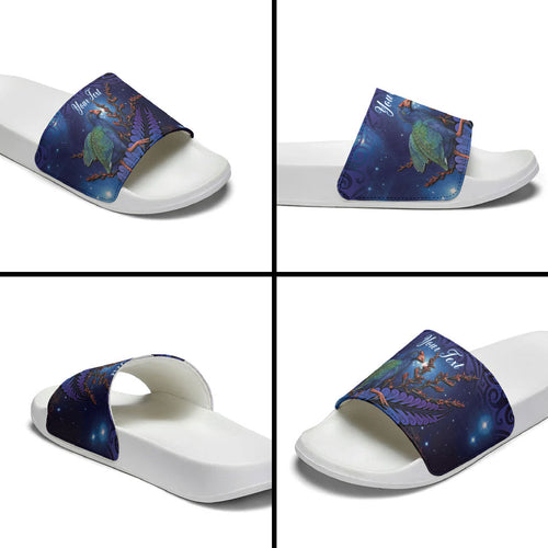 Takahe New Zealand Personalised Slide Sandals Harakeke Silver Fern Maori Pattern