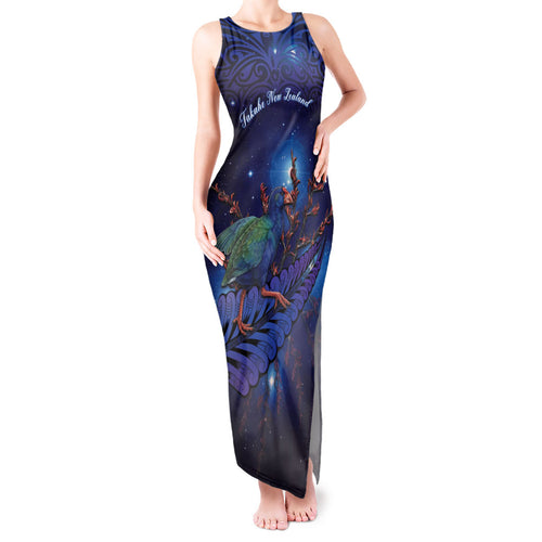 Takahe New Zealand Personalised Tank Maxi Dress Harakeke Silver Fern Maori Pattern