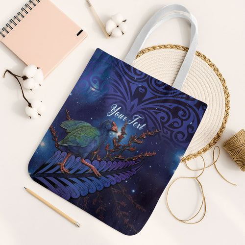 Takahe New Zealand Personalised Tote Bag Harakeke Silver Fern Maori Pattern