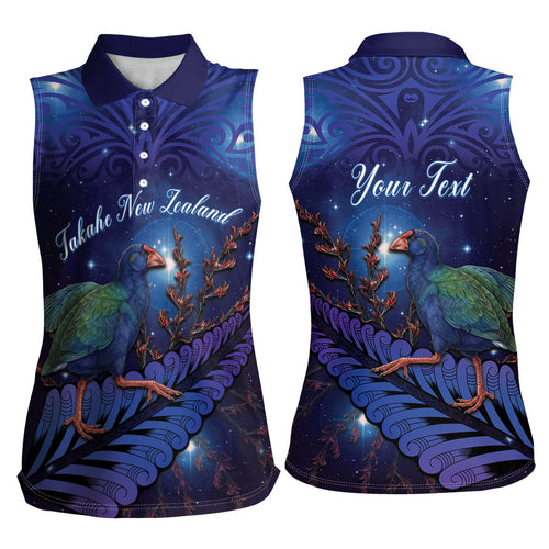 Takahe New Zealand Personalised Women Sleeveless Polo Shirt Harakeke Silver Fern Maori Pattern