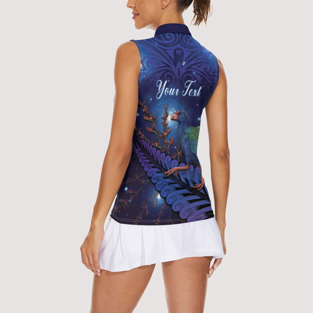Takahe New Zealand Personalised Women Sleeveless Polo Shirt Harakeke Silver Fern Maori Pattern