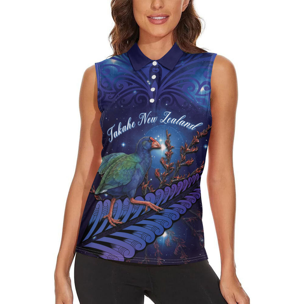 Takahe New Zealand Personalised Women Sleeveless Polo Shirt Harakeke Silver Fern Maori Pattern