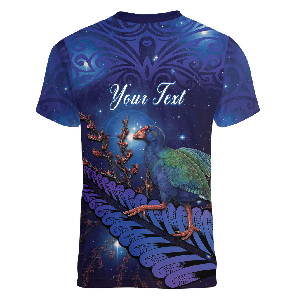 Takahe New Zealand Personalised Women V-Neck T-Shirt Harakeke Silver Fern Maori Pattern