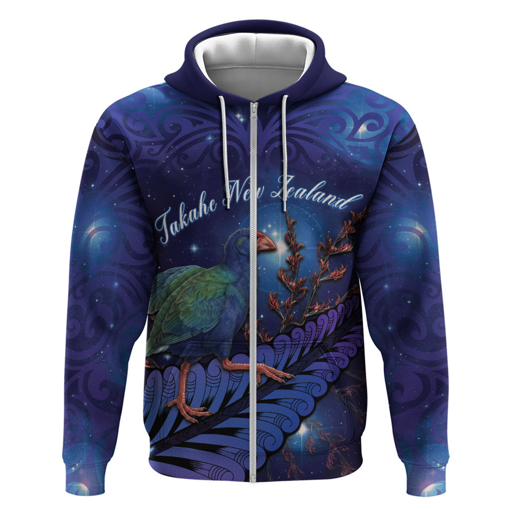 Takahe New Zealand Personalised Zip Hoodie Harakeke Silver Fern Maori Pattern