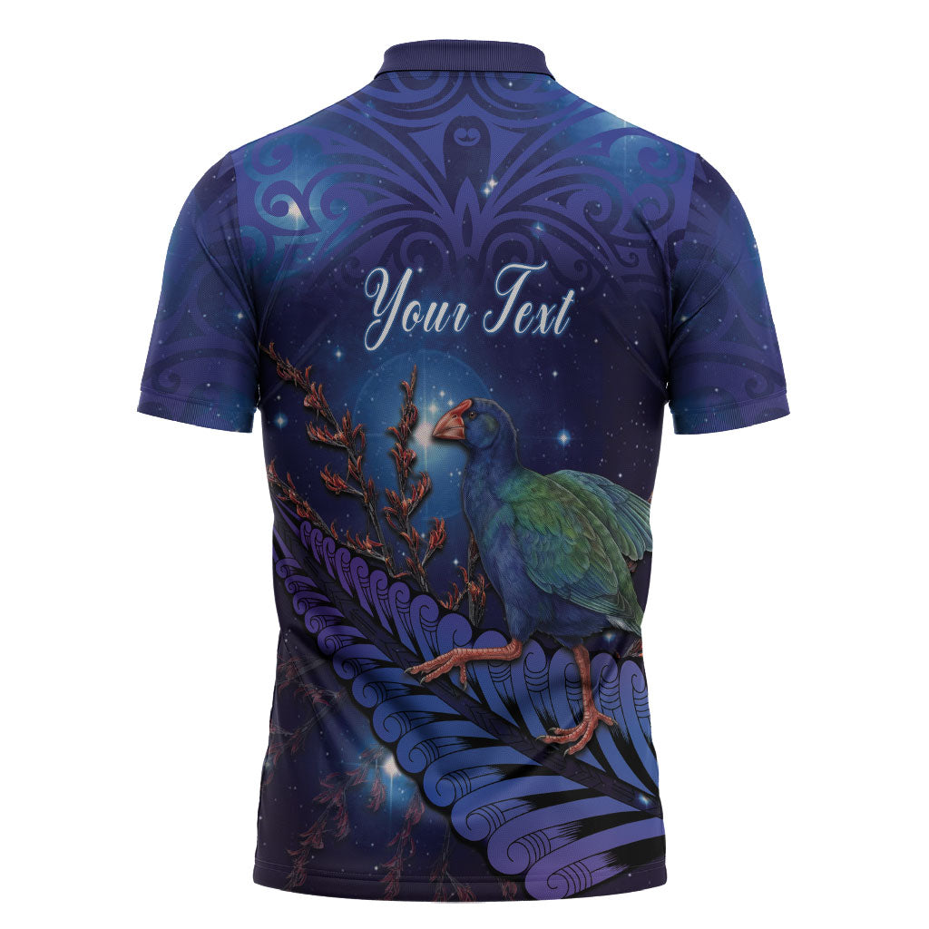 Takahe New Zealand Personalised Zipper Polo Shirt Harakeke Silver Fern Maori Pattern