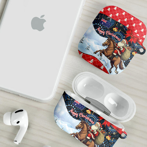 Australia Christmas In July AirPods Case Santa Horse Racing Aboriginal Dot Art