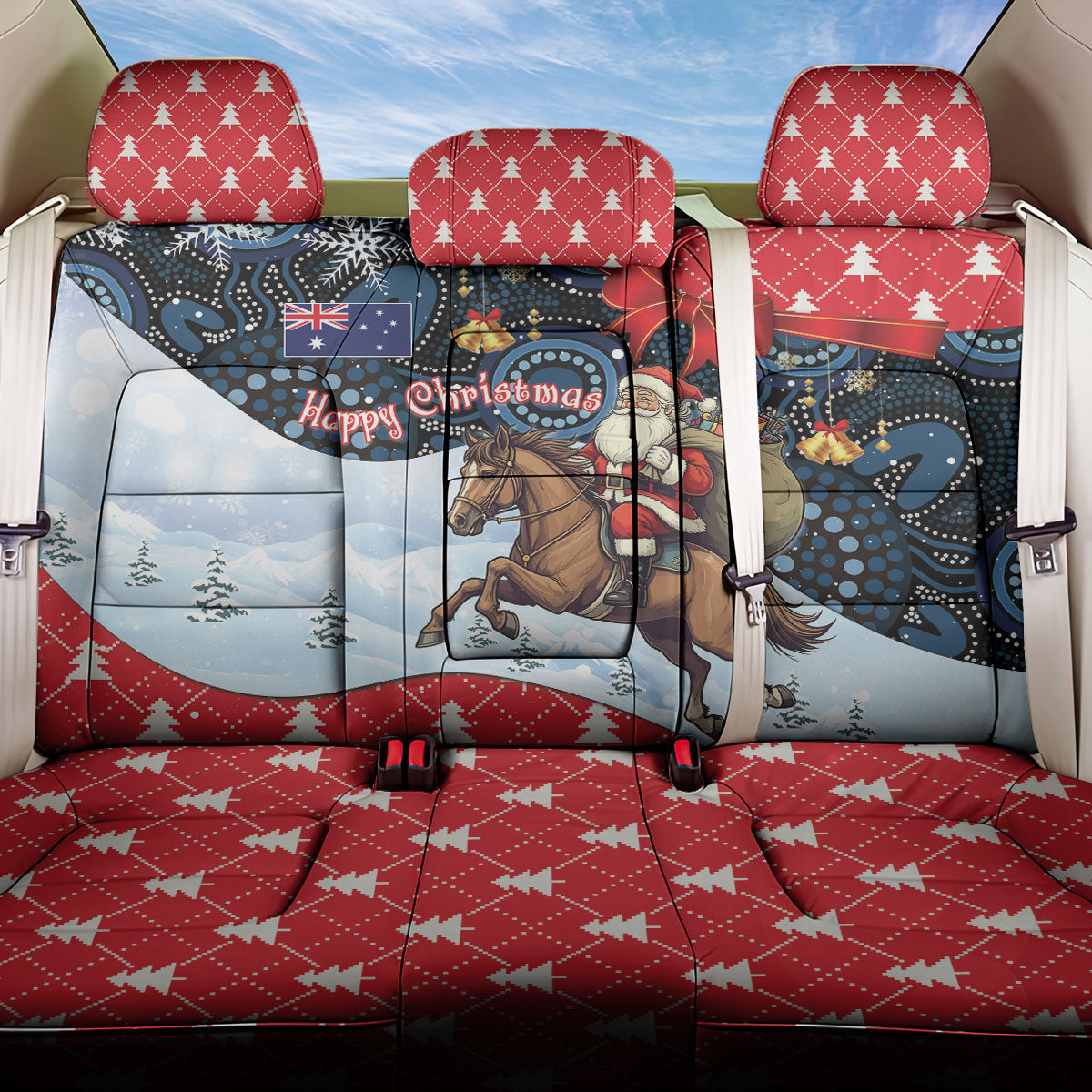 Australia Christmas In July Back Car Seat Cover Santa Horse Racing Aboriginal Dot Art