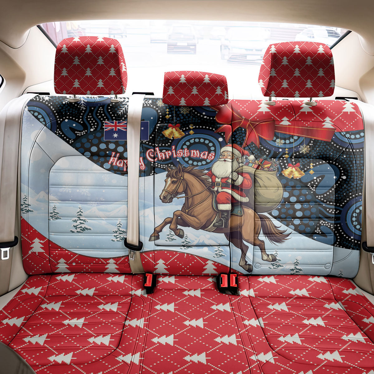 Australia Christmas In July Back Car Seat Cover Santa Horse Racing Aboriginal Dot Art