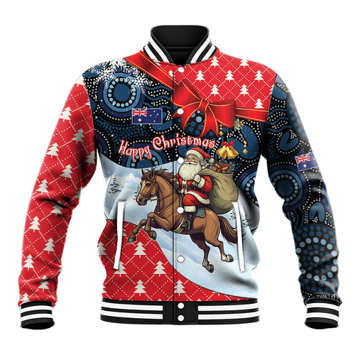 Australia Christmas In July Personalised Baseball Jacket Santa Horse Racing Aboriginal Dot Art