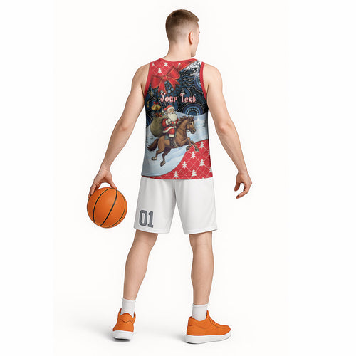 Australia Christmas In July Personalised Basketball Jersey Santa Horse Racing Aboriginal Dot Art