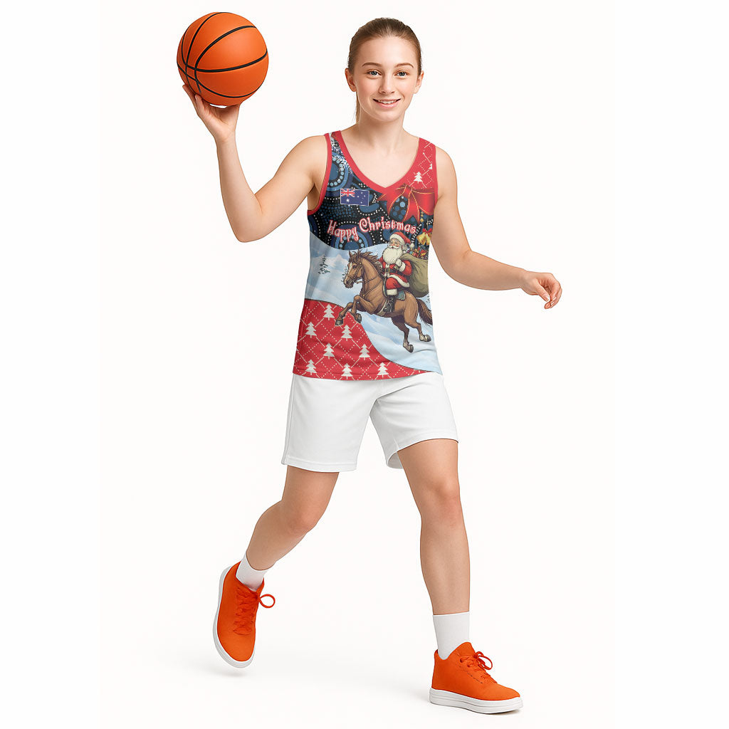 Australia Christmas In July Personalised Basketball Jersey Santa Horse Racing Aboriginal Dot Art