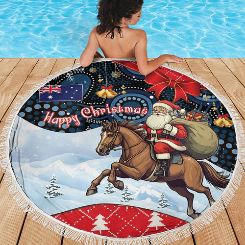 Australia Christmas In July Beach Blanket Santa Horse Racing Aboriginal Dot Art