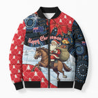 Australia Christmas In July Personalised Bomber Puffer Jacket Santa Horse Racing Aboriginal Dot Art