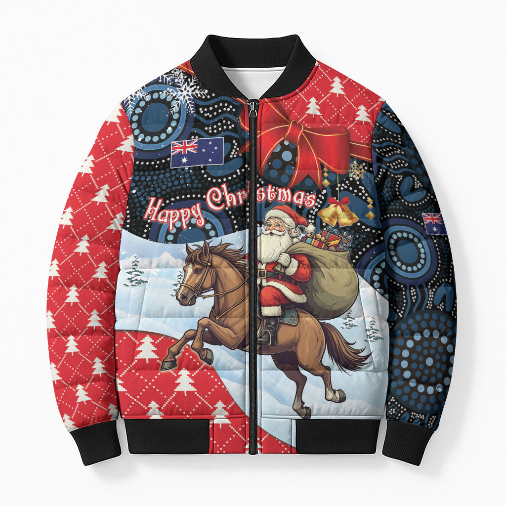Australia Christmas In July Personalised Bomber Puffer Jacket Santa Horse Racing Aboriginal Dot Art