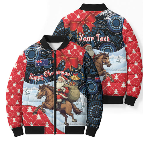 Australia Christmas In July Personalised Bomber Puffer Jacket Santa Horse Racing Aboriginal Dot Art