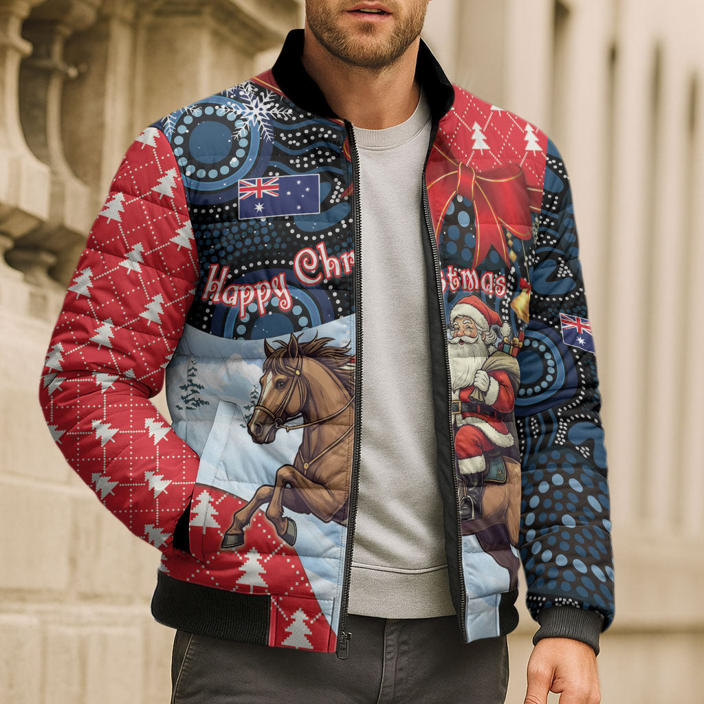 Australia Christmas In July Personalised Bomber Puffer Jacket Santa Horse Racing Aboriginal Dot Art