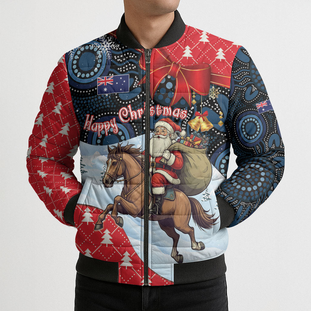 Australia Christmas In July Personalised Bomber Puffer Jacket Santa Horse Racing Aboriginal Dot Art