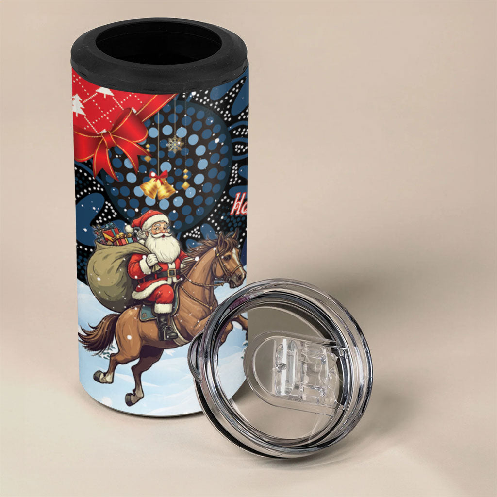Australia Christmas In July 4 in 1 Can Cooler Tumbler Santa Horse Racing Aboriginal Dot Art