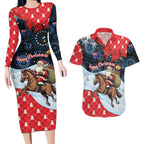 Australia Christmas In July Personalised Couples Matching Long Sleeve Bodycon Dress and Hawaiian Shirt Santa Horse Racing Aboriginal Dot Art
